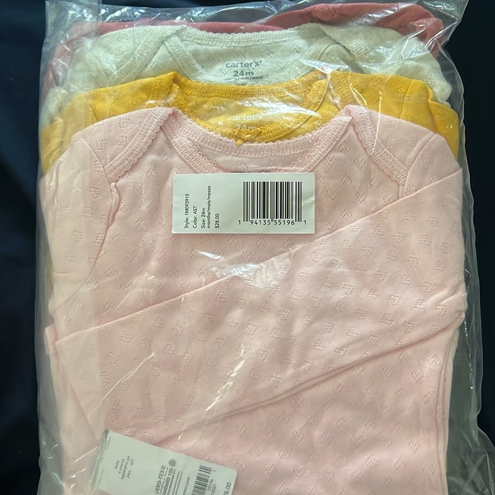 4 pack of long sleeve pointelle onesies- pink, mauve, grey & mustard